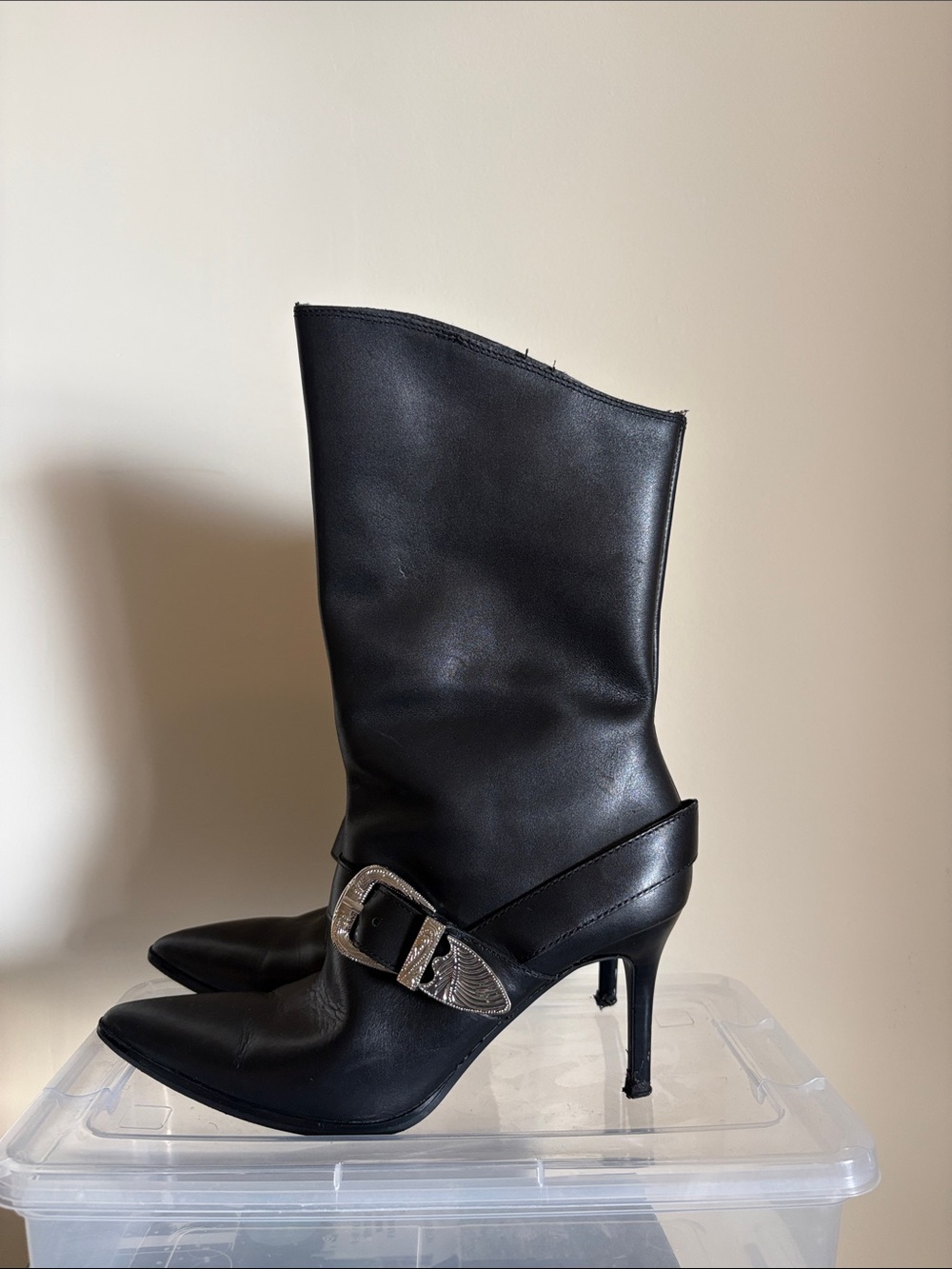 Black Mid-Calf Pointed Toe Western Style Boots with Buckle
